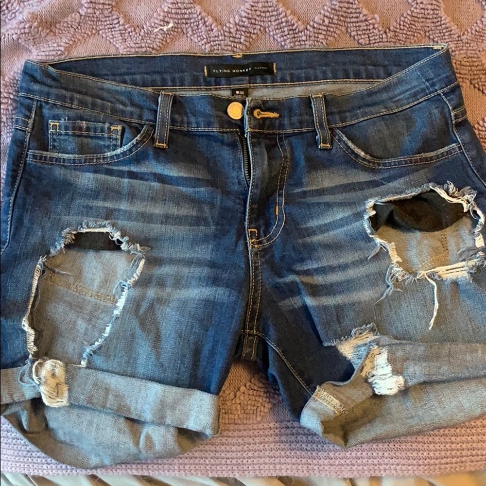 Flying Monkey Mid-Length Ripped Jean Shorts